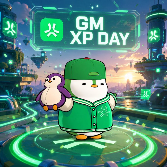 A cute cartoon penguin mascot in green attire holding a purple penguin stands on a glowing futuristic platform beneath a large "GM XP DAY" banner, matching the celebratory post for XP day on @AbstractChain. The Abstract Chain logo appears on the banner and scattered throughout the sci-fi cityscape backdrop.