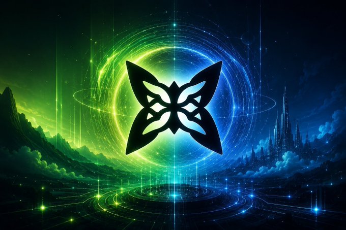 A vibrant digital artwork featuring a black butterfly or wing-shaped logo with a Celtic knot design, set against a cosmic background with swirling green and blue light effects and futuristic landscape elements.