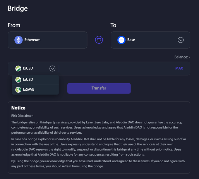 The image shows a Bridge interface for transferring fxUSD or fxSAVE tokens from Ethereum to Base via Aladdin DAO, featuring a Transfer button and a Risk Disclaimer noting reliance on Layer Zero Labs third-party services. The screenshot illustrates the simplified bridging process that contradicts the user's previous assumption about needing to exit fxSAVE and swap tokens manually—now it appears you can transfer fxSAVE directly cross-chain in one step.