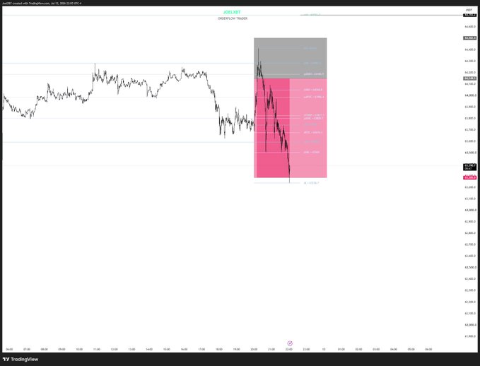 A TradingView chart displays a bearish price drop with a 'JOB LOST' and 'OBSESSION TAKES' label, featuring a red and pink shaded zone indicating Fibonacci levels.