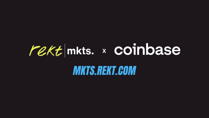 A promotional graphic on a dark background announces 'rekt mkts. x coinbase' with the URL 'MKTS.REKT.COM' displayed below.