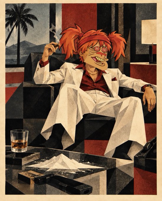 A stylized anime-style illustration depicts a red-haired clown character in a white suit lounging on a couch, holding a cigarette, with a glass of whiskey, a gun, and a line of white powder on the table in front of him.