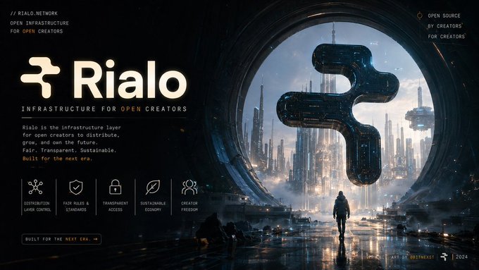 A promotional graphic for 'Rialo' with the tagline 'INFRASTRUCTURE FOR OPEN CREATERS', describing it as a fair, transparent, and sustainable open-source platform, featuring futuristic sci-fi cityscape imagery.