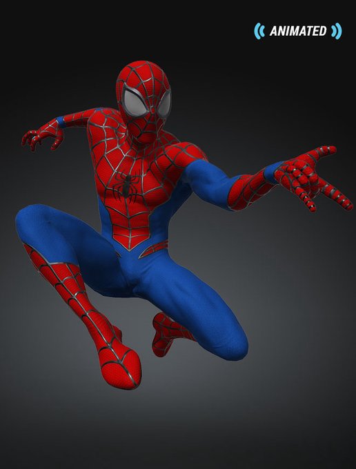 A 3D render of Spider-Man in a dynamic crouching pose wearing his classic red and blue suit, with '(ANIMATED)' text in the top right corner.