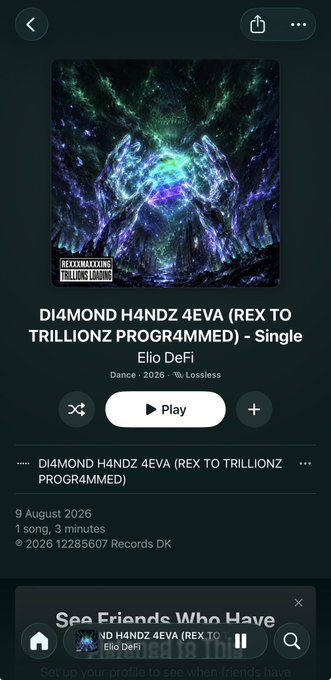 A Spotify music player screen showing the single 'DI4MOND H4NDZ 4EVA (REX TO TRILLIONZ PROGR4M4MED)' by Eilo DeFi, categorized under Dance, released 9 August 2026.