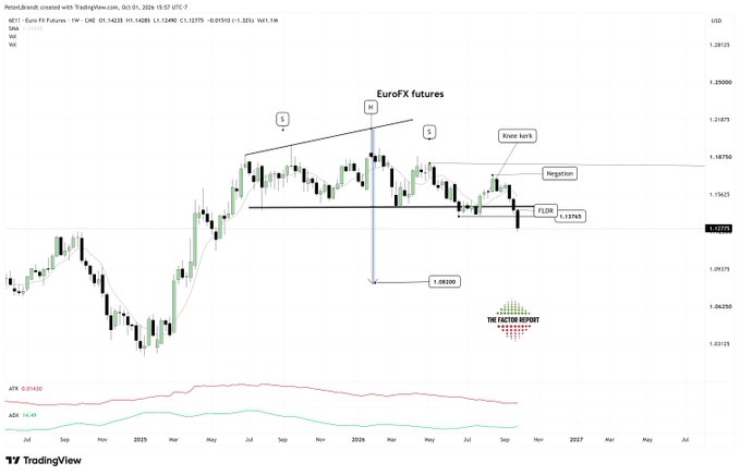 The image shows a Euro FX futures chart (6E1) on TradingView displaying a weekly candlestick pattern with a notable "Brandt double head and shoulders with knee jerk" formation, featuring three peaks (labeled 1, 2, 3), a neckline marked at 1.13755 (FVG), a knee jerk recovery near 1.08750, and ATR/Volatility indicators below, with price levels ranging from approximately 1.08250 to 1.28125.