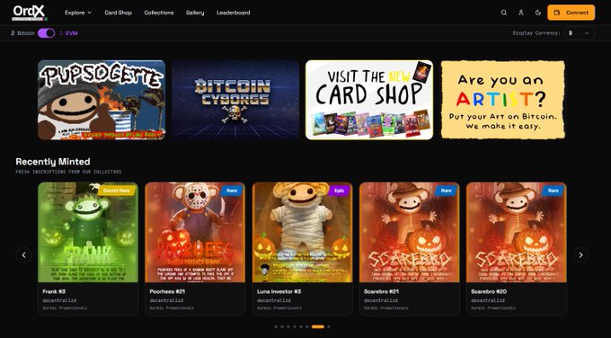 Screenshot of the OrdX website showing the Bitcoin Ordinals marketplace with featured collections and recently minted NFTs like Frank, Pocoheo, Luna Investor, and Scarebro.
