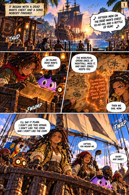 A comic page depicting a female pirate captain and her crew on a ship, reading a treasure map that says "The whirlpool opens once, at nightfall. Miss it, and Davy Jones keeps you." A pirate character says, "Captain, you wound me," to which she replies, "Short and sweet."