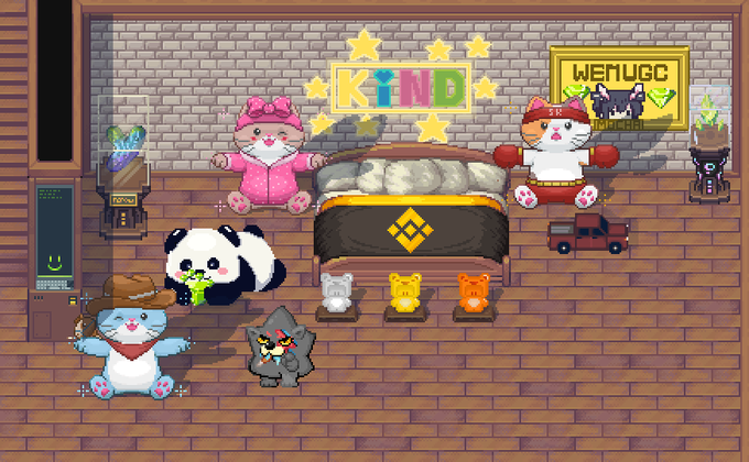 Pixel art game scene showing a bedroom with a bed, computer, and various cute animal characters including cats, a panda, and small gacha-style figures, with a 'KIND' sign on the wall.