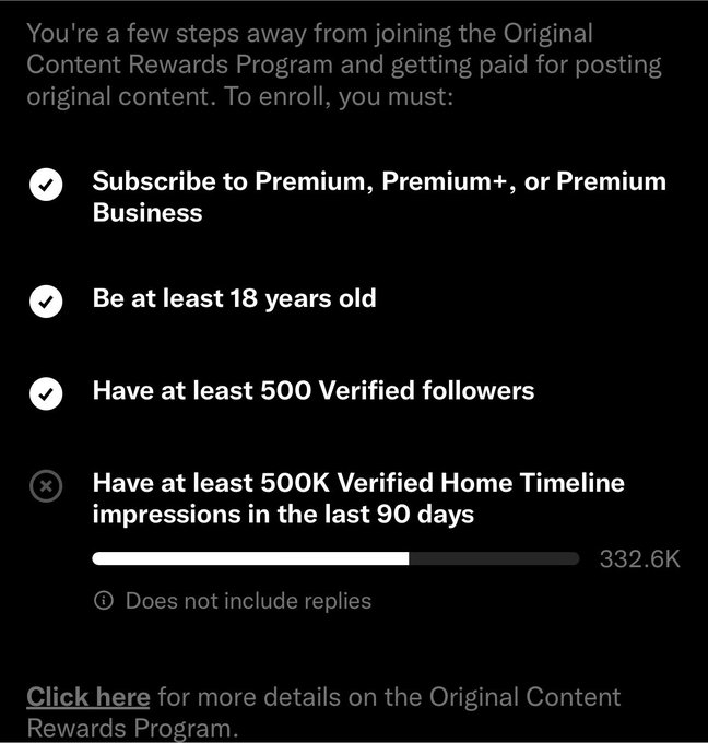 A screenshot of X's Original Content Rewards Program enrollment page shows the user has met three of four requirements (Premium subscription, 18+ age, and 500 Verified followers) but is currently at 332.6K of the required 500K Verified Home Timeline impressions in the last 90 days. The image illustrates the user's ongoing eligibility struggle, suggesting that even if they eventually meet the impression threshold, their revenue status may not automatically be restored after a prior pause.