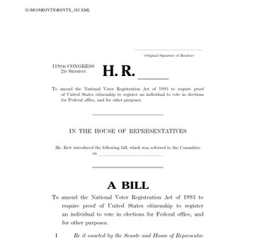 A page from a U.S. legislative document titled 'H.R.' from the 118th Congress, 2nd Session, amending the National Voter Registration Act of 1993 to require proof of United States citizenship to register to vote in federal elections.