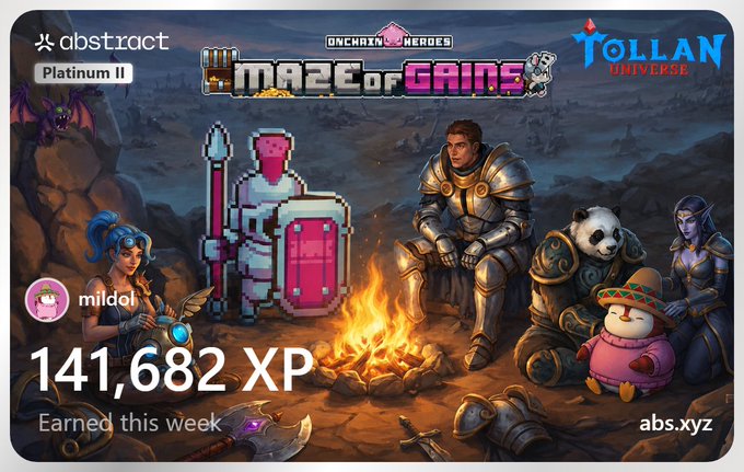 An Abstract profile card for user 'mildol' showing '141,682 XP' earned this week, themed around 'Onchain Heroes' and 'Maze of Gains' on the Tollan Universe.