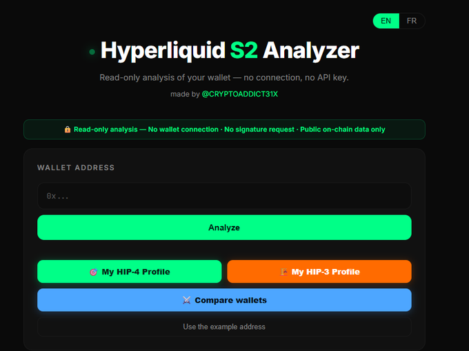 Screenshot of the 'Hyperliquid S2 Analyzer' web interface, featuring a wallet address input field and buttons labeled 'Analyze', 'My HIP-4 Profile', 'My HIP-3 Profile', and 'Compare wallets', with text stating it provides read-only analysis with no wallet connection required.