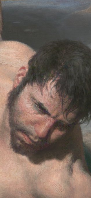 Classical oil painting depicting a man's head tilted downwards with closed eyes, showing a furrowed brow and a faint smile.