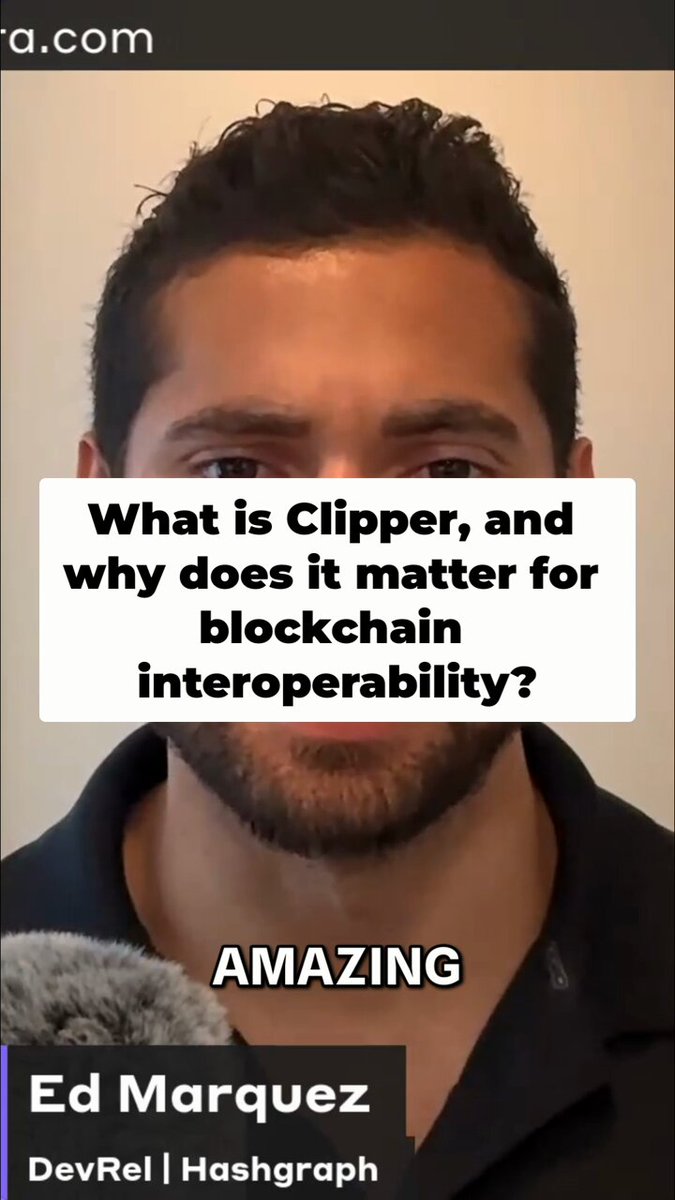 The image features a man wearing an interesting black shirt, which makes him stand out as he talks about Clipper technology. A text box overlaying his face explains that Clipper is a new bridgeless cross-ledger protocol designed for secure communication and token transfers between independent blockchain networks. This type of protocol offers a way to securely interact with multiple networks without the need for intermediaries, which can significantly enhance the speed and efficiency of data transfer. The man appears to be discussing this innovative technology in an engaging manner, likely drawing attention from viewers interested in learning more about it.