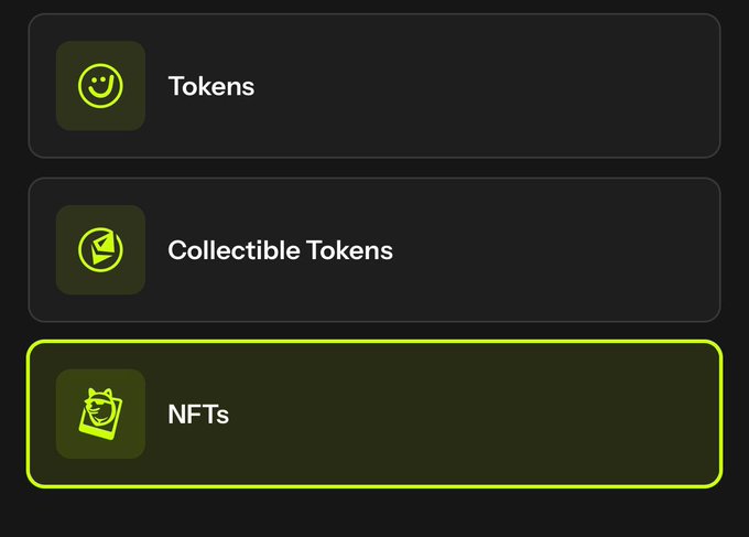 A menu interface displaying three crypto options: Tokens, Collectible Tokens, and NFTs, with the NFTs option highlighted.