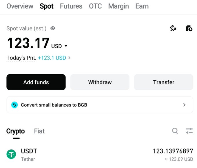A cryptocurrency exchange interface shows a Spot wallet with a USDT balance of 123.13976897 (approximately $123.09 USD) and a total spot value of 123.17 USD.