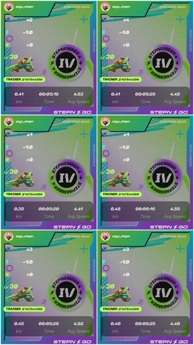 A grid of six fitness app screenshots showing indoor rowing workouts by 'alja_stepan' on a 'STEPHENSSON IV' trainer, with various distances, times around 5-6 minutes, and average speeds.