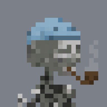 A pixel art character with a blue cap and white headband smokes a brown cigarette that emits gray smoke against a solid gray background.
