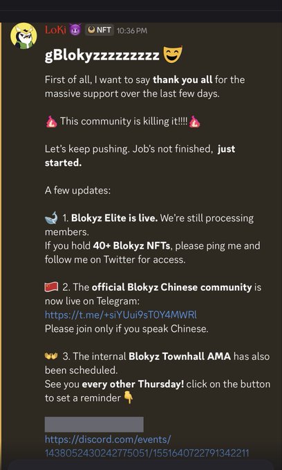 A Discord message from 'gBlokyz' thanking the community for support and announcing updates including Blokyz Elite membership, the official Blokyz Chinese community Telegram link, and a Townhall AMA scheduled every other Thursday.