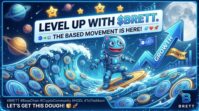 The image is a vibrant crypto-themed illustration featuring a blue astronaut character with red lips surfing on a golden coin-shaped board through a wave of $BRETT tokens, accompanied by space elements like planets, stars, and rockets. Prominent text reads "LEVEL UP WITH $BRETT. THE BASED MOVEMENT IS HERE!" with hashtags #BRETT, #BaseChain, #CryptoCommunity, #HODL, and #ToTheMoon at the bottom, directly reinforcing the post's celebratory message about the $BRETT memecoin.
