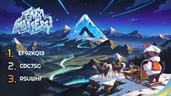 A video game promotional graphic titled 'GMX Masters' featuring a cat character on a dog sled, listing codes: 1. EF92KQI3, 2. GDC7SG, 3. R5UWHF against a snowy mountain backdrop.