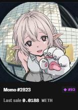 An anime-style NFT profile picture of a silver-haired character with pointed ears holding a bunny, labeled 'Momo #2823' with a last sale of '0.0188 WETH' for #93.