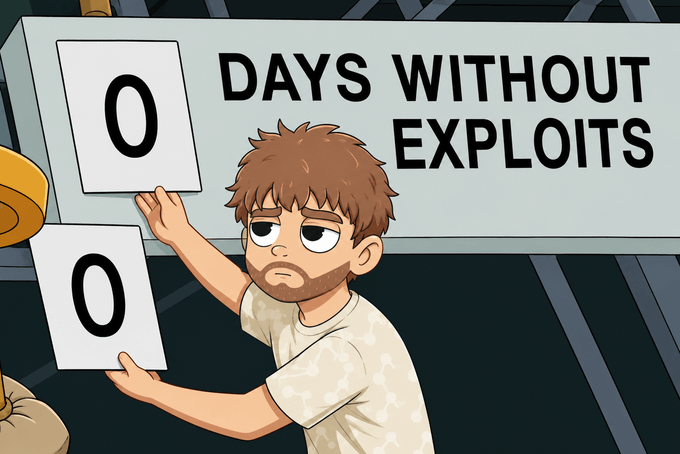 A cartoon man with a weary expression is changing the digits on a "Days Without Exploits" scoreboard to show "00," humorously illustrating the post's point that major bridge hacks are occurring so frequently that the counter can never stay above zero.