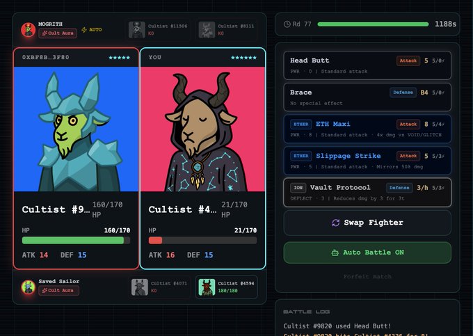 A screenshot of a goatcult.xyz/altar battle interface showing a 3v3 match in Round 77 (1188s elapsed), where the player's Cultist #9... (160/170 HP, ATK 14, DEF 15) is facing an opponent's Cultist #4... (21/170 HP, ATK 16, DEF 15). The battle menu displays available moves including "Head Butt," "Brace," "ETH Maxi" (4x dmg vs VOID/GLITCH), "Slippage Strike" (mirrors 50% dmg), and "Vault Protocol" (reduces dmg by 3 for 3t), illustrating the player's ongoing strategy session as they pursue their 7th win.