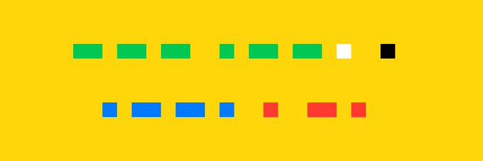 A simple graphic on a yellow background showing two rows of colored rectangles: green, white, and black on top, and blue and red on bottom.