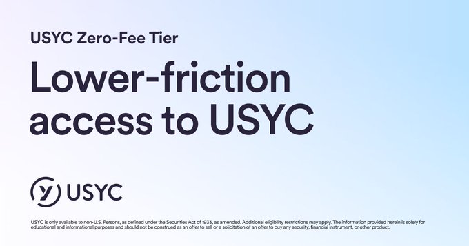 The image features a gray background with white text that reads "USYC Zero-Fee Tier Lower-Friction Access To USYC". Below this, there is an explanation about how this access enables easier access to tokenized cash and collateral workflows by waiving fees related to up to $1M in combined daily volume. The post also mentions the USYC tokenizer and USYC wallet for investing in the company's offerings, which can be used to invest directly into these offerings or as a means of storing value.