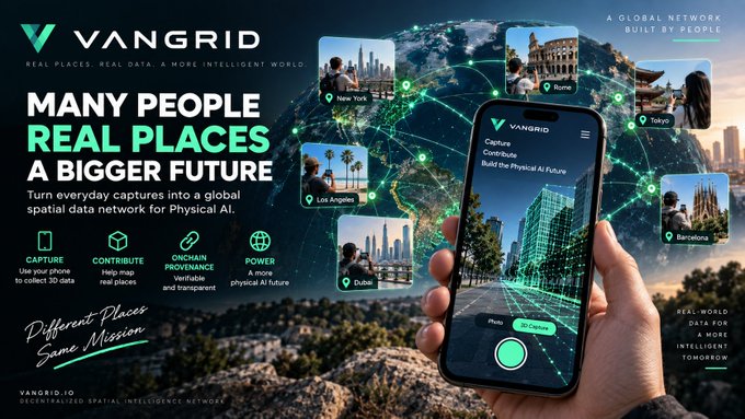 A promotional banner for VANGRID displays 'MANY PEOPLE REAL PLACES A BIGGER FUTURE' with imagery of a hand holding a phone showing a 3D spatial data network connecting cities like New York, Tokyo, Rome, Los Angeles, Dubai, and Barcelona.