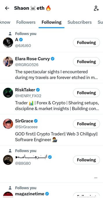 A Twitter/X 'Following' list for user 'Shaon 🐾 eth 🔥' showing accounts like Elara Rose Curvy, RiskTaker, SirGrace, and others related to forex, crypto trading, and Web3.