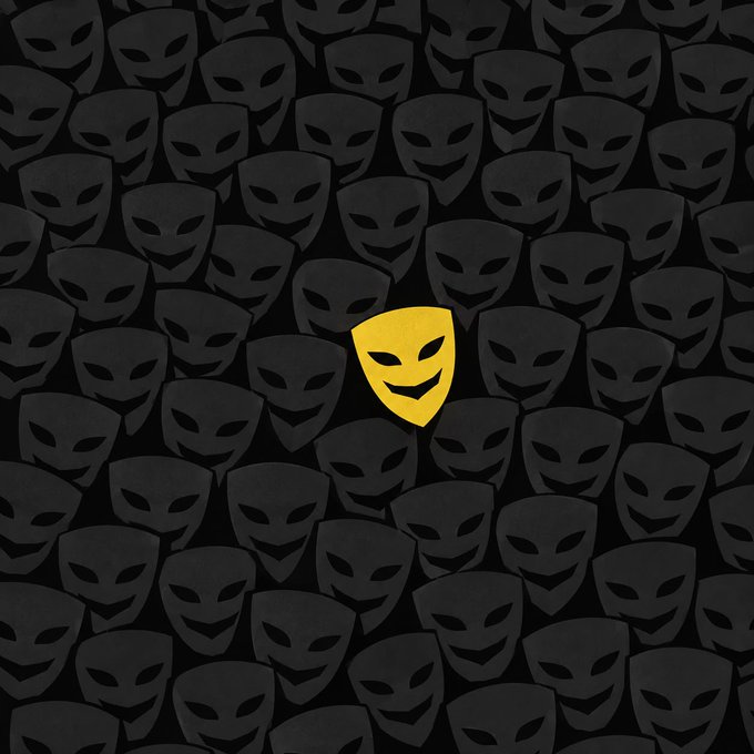 An illustration featuring a single golden theatrical mask smiling amidst a dense crowd of identical black theatrical masks.