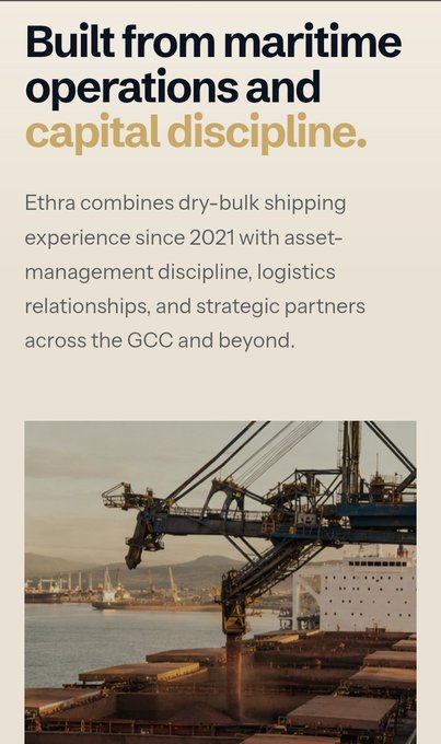 A promotional graphic for Ethra reads 'Built from maritime operations and capital discipline,' describing the company as combining dry-bulk shipping experience since 2021 with asset-management discipline, logistics relationships, and strategic partners across the GCC, accompanied by an image of a port with cranes and a cargo ship.
