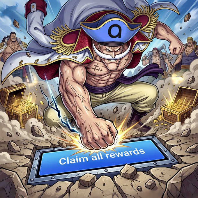The image features a man dressed as a pirate standing next to a blue sign that says "Claim all rewards". The pirate character is holding a sword, which he uses to break open the sign. The background of the image shows several treasure chests filled with gold coins scattered around. The pirate's actions and the presence of the treasure chests suggest that this scene takes place in a setting where people can claim their rewards by accessing the Access Hub.