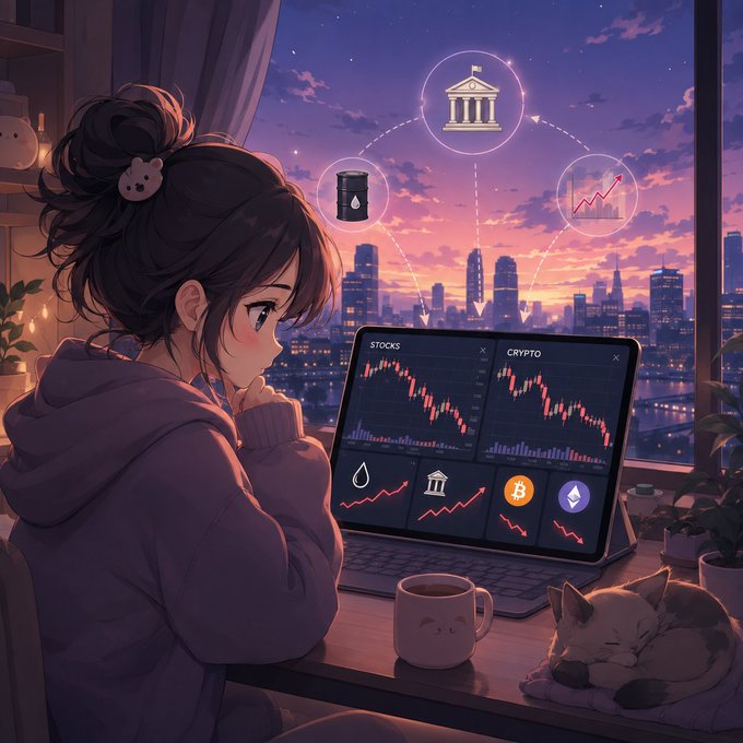 An anime-style illustration shows a girl looking at stock and crypto charts on her laptop, with a sleeping cat, coffee mug, and a city skyline at sunset visible.
