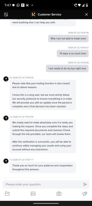 Customer service chat screenshot showing messages about a trading function being closed due to security protocols, with a 15-day waiting period and KYC verification requirement.