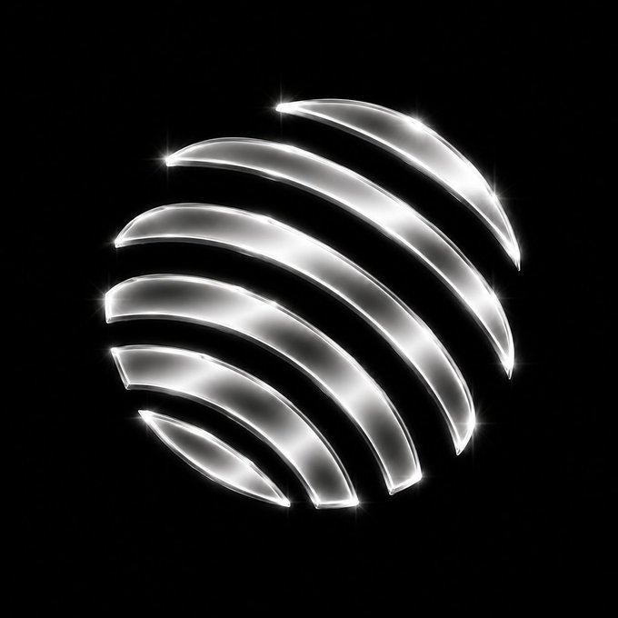 A 3D metallic silver globe emblem with curved latitude lines and sparkle effects against a solid black background.