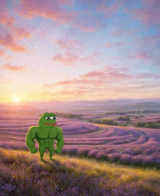A muscular green Pepe frog character stands in a lavender field at sunset with rolling hills in the background.