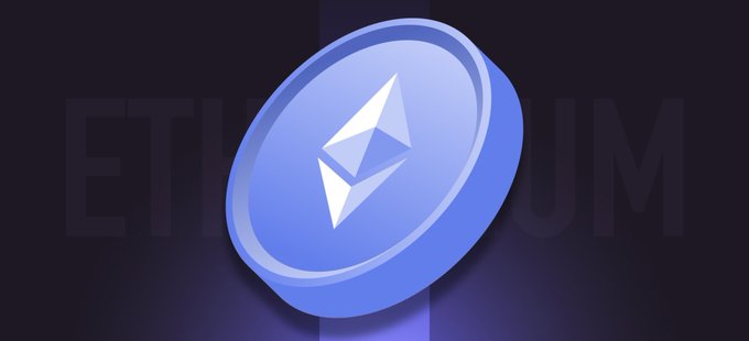 A 3D blue coin with the Ethereum logo floats against a dark purple backdrop bearing the faint text 'ETHEREUM'.