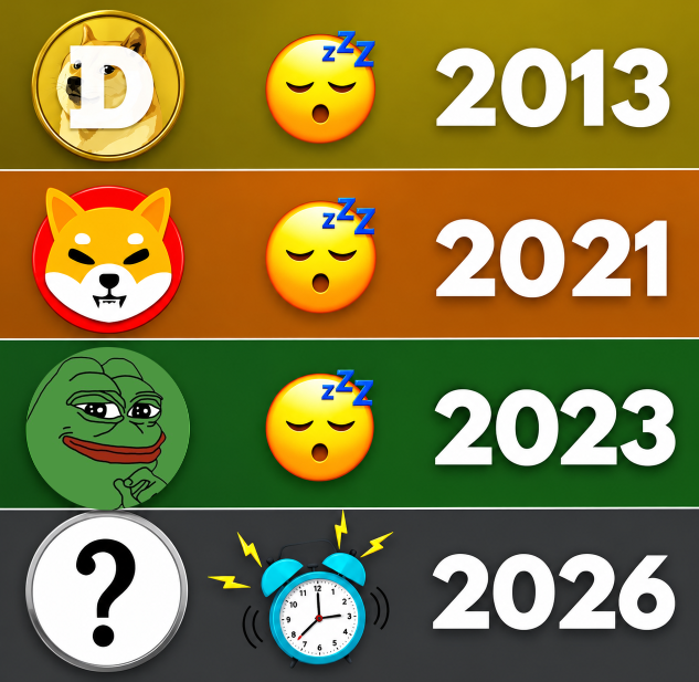 The image displays a four-tier meme timeline featuring Dogecoin (DOGE) in 2013, Shiba Inu (SHIB) in 2021, Pepe (PEPE) in 2023, and a mystery "?" coin in 2026, with sleepy emojis marking past coins and an alarm clock signaling the upcoming bull run. It visually speculates which memecoin will be the next 100x gem following the success of these iconic frog and dog-themed tokens.