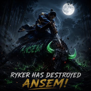 A samurai warrior stands triumphantly atop a defeated green-horned beast under a full moon, with the text "RYKER HAS DESTROYED ANSEM!" below—visually celebrating Ryker's supposed victory in a crypto rivalry, particularly referencing his successful short calls on $ZEC and $GOLD as mentioned in the caption.