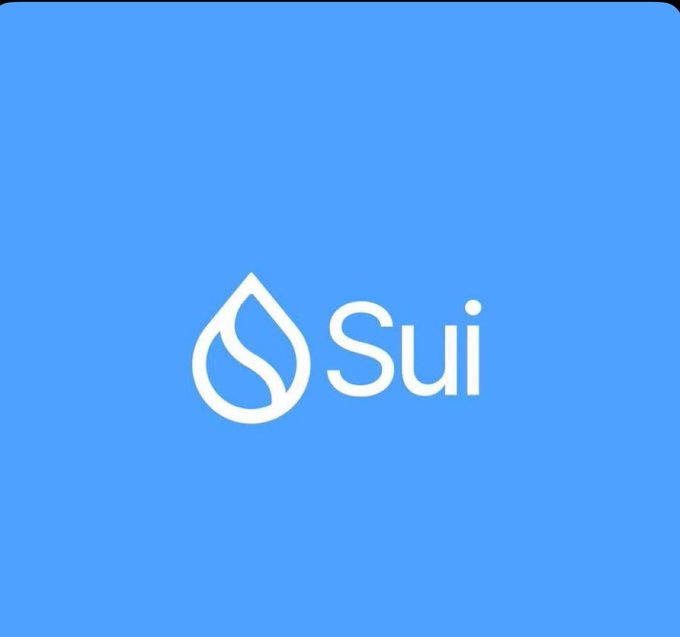 The Sui cryptocurrency logo, featuring a white water drop symbol and the word 'Sui', is displayed on a blue background.