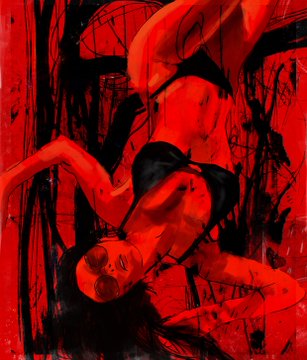 An abstract expressionist painting dominated by deep red and black tones, depicting a contorted human figure in a dramatic, almost violent pose amid chaotic brushstrokes.
