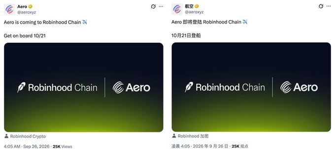 Two tweets from Aero (@aerobase) displayed in English and Chinese, announcing "Aero is coming to Robinhood Chain" with "Get on board 10/21," posted by Robinhood Crypto on Sep 26, 2026 with 25K views—aligning with the post's theme of Aero expanding onto Robinhood Chain due to its high volume/low TVL appeal.
