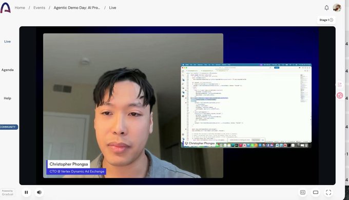 The image shows a computer screen displaying a video call with a man wearing a gray shirt sitting at a desk. The background of the image features a blue wall, which contrasts with the white text displayed on the screen. The caption below the image reads "@arc community's Agentic Demo Day, and overall, one feeling is becoming increasingly clear: Arc is steadily pushing forward along the main line of AI Agent + Stablecoin + Payment."