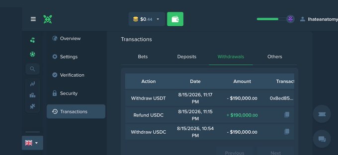 A user account on Duelbits displays a transactions history showing instant six-figure withdrawals, including a $190,000 USDT withdrawal and a matching $190,000 USDC refund on 8/15/2026, illustrating the platform's fast payout process highlighted in the @Duelbits promotional post.