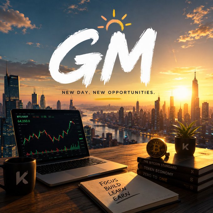 A 'GM - NEW DAY. NEW OPPORTUNITIES' graphic shows a laptop displaying a BTC/USDT chart at 64,250.0 on a desk with a Bitcoin coin, branded 'K' mug, and books titled 'THE BITCOIN STANDARD,' 'TOKEN ECONOMY,' and 'ZERO TO ONE.'