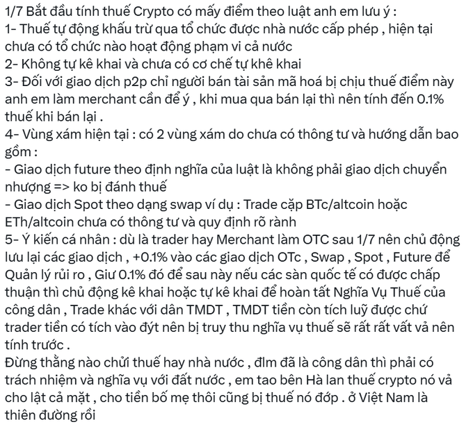 The image displays a Vietnamese-language informational post about upcoming crypto tax regulations effective 7/1, outlining five key points covering tax withholding, self-declaration requirements, P2P trading taxes (0.1%), gray areas regarding futures and swap transactions, and personal recommendations for traders/merchants to retain OTC transaction records. The accompanying caption emphasizes the 7/1/2026 deadline and echoes the post's advice for P2P users to keep transaction records for risk management and potential future tax obligations.